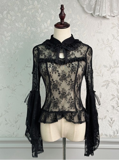 Butterfly Whisper Series Dreamy Sweet Lolita Chinese Style Cheongsam Collar Lace Ruffle Big Sleeve Blouse