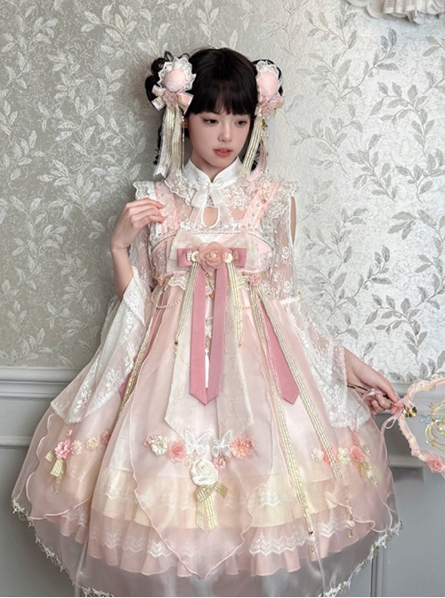 Butterfly Whisper Series Dreamy Sweet Lolita Chinese Style Cheongsam Collar Lace Ruffle Big Sleeve Blouse