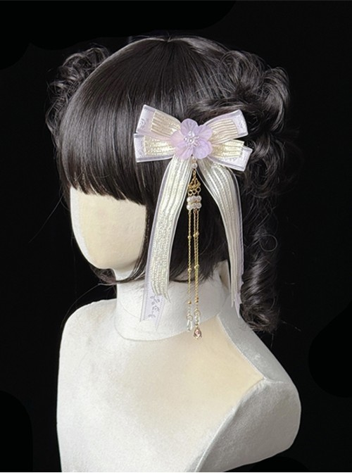 Butterfly Whispers Series Dreamy Sweet Lolita Chinese Style Flower Water Drop Beads Chain Bowknot Hair Clip