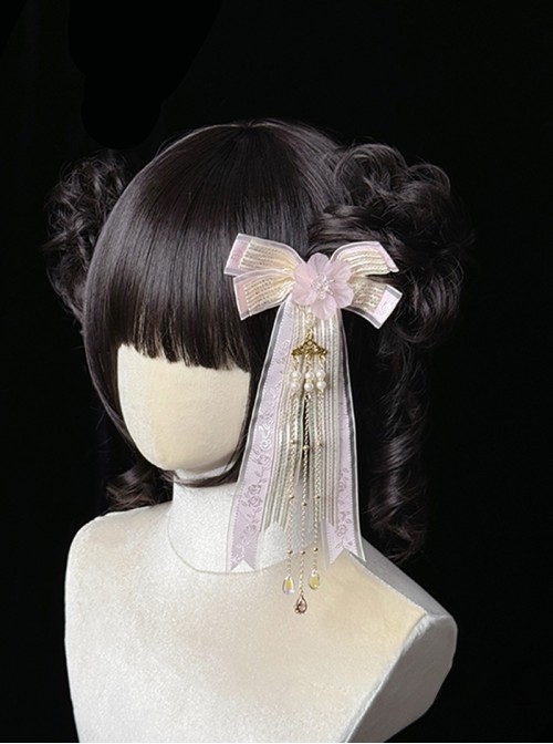 Butterfly Whispers Series Dreamy Sweet Lolita Chinese Style Flower Water Drop Beads Chain Bowknot Hair Clip