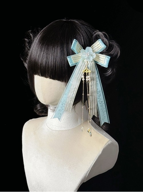 Butterfly Whispers Series Dreamy Sweet Lolita Chinese Style Flower Water Drop Beads Chain Bowknot Hair Clip