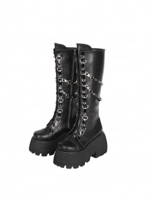 Sweet Cool Punk Lolita Black Rock Rivet Chain Lace Up Round Toe Platform Thick Sole High Boots