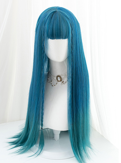 Harajuku Dark Blue Gradient Dark Peacock Green Classic Lolita Long Straight Wigs