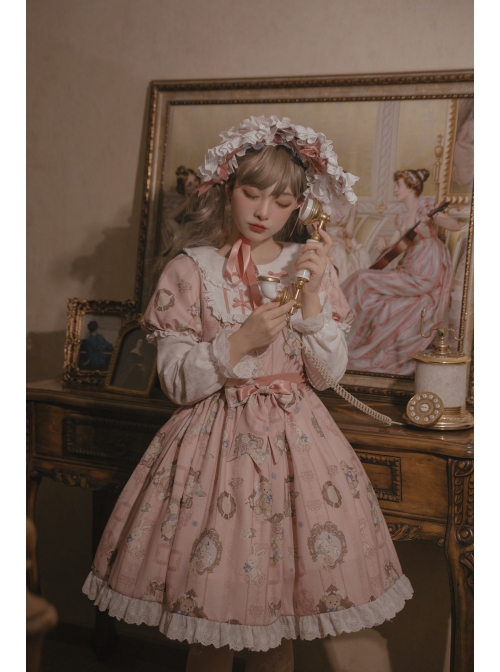 Bears Story Series OP Elegant Printing Doll Feeling Classic Lolita Pink Long Sleeve Dress