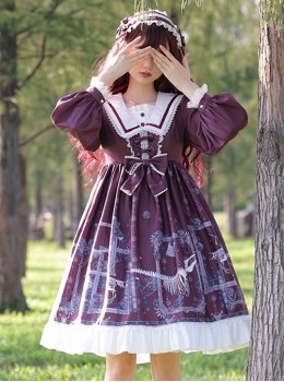 Lost Dreams Series OP Printing Retro Navy Collar Gothic Lolita Long Sleeve Dress