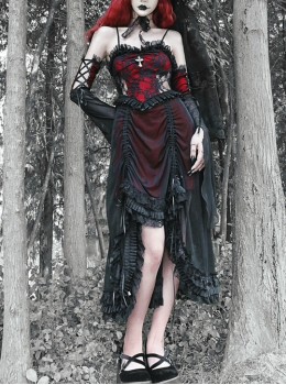 Night Visit Vampire Series Gothic Black Red Drawstring Christmas Lace Darkness Sling Dress With Hand Sleeves