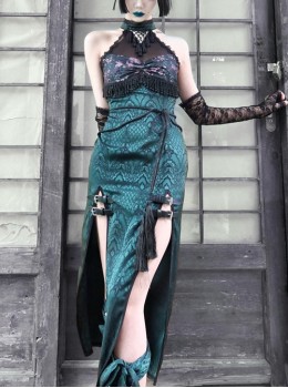 Lust Snake Series Sexy Slim Tassels Halter Improve Cheongsam Gothic Black Tulle Blackish Green Jacquard Satin Split Hem Dress