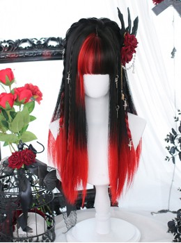 Gothic Style Dark Red And Black Qi Liuhai Lolita Long Straight Hair Wig