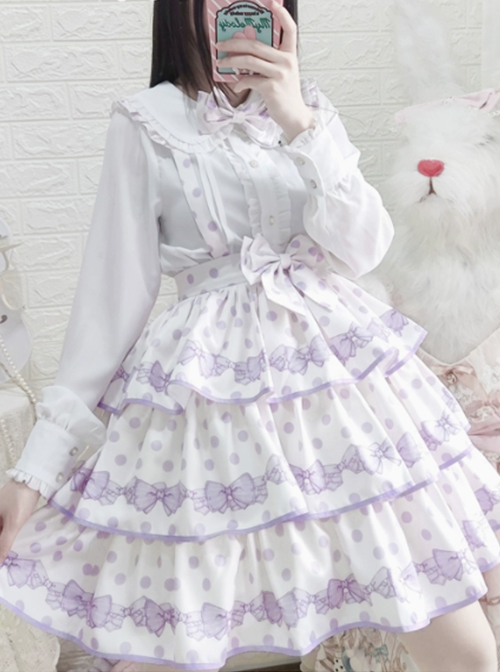 Classic Lolita SK White Polka Dot Design Three-Layer Pleated Hem Bow Knots Print Strap Skirt