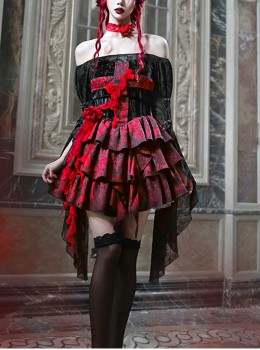 Hades Banquet Series Gothic Red Cross Design Three-Dimensional Lace Rose Jacquard Decoration Sleeveless Dress