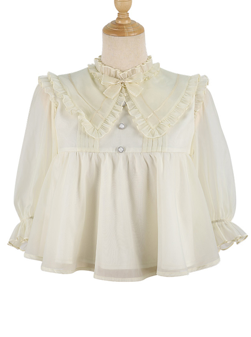 Simple Daily Chiffon Cute Pleated Lace Doll Neckline Button Decoration ...