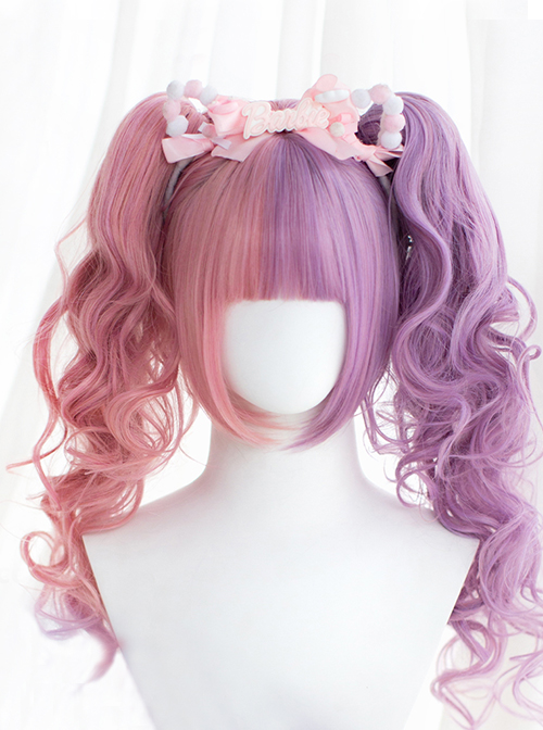 Pink Purple Curly Fluffy Double Ponytail Air Bangs Classic Lolita Long ...
