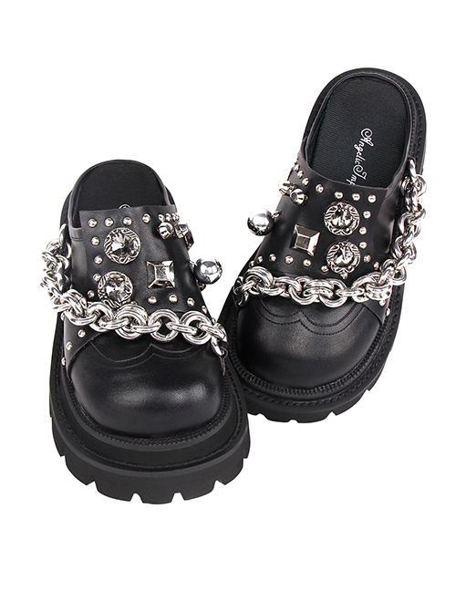 Black Patent Leather Round Toe Sweet Cool Chain Heart Stud Design Punk Lolita Platform Shoes