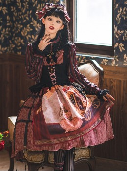 Gothic Strange Circus Skeleton Pattern Print Trim Tight Velvet Vest Pleated Hem Cross Straps Belt Lolita Dress