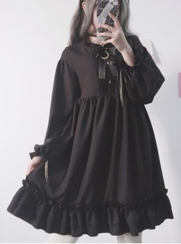 The Castle Under The Moonlight Pure Black Gothic Lolita Long Sleeve Dress