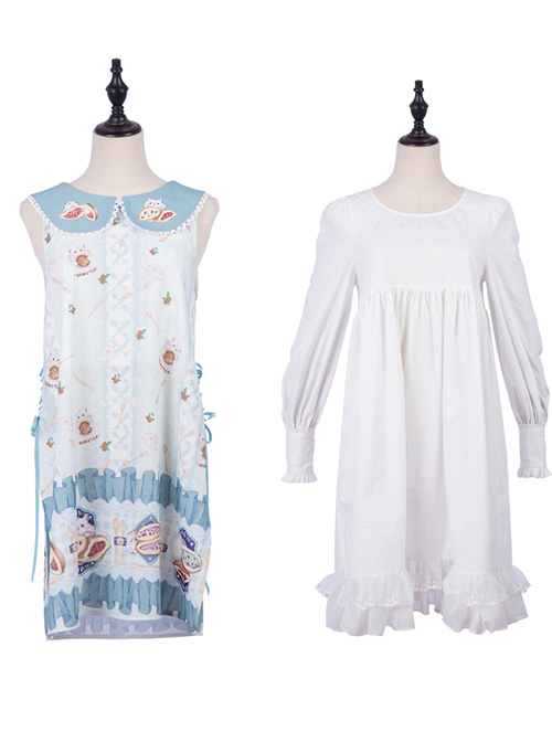 Soft Pancake Series Blue JSK Classic Lolita Sleeveless Dress And Long Sleeve Lining Dress Set