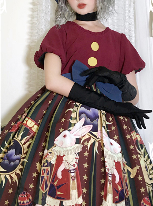 Lolitain Strange Rabbit Series Cute Maid Style Rabbit Embroidered Apron Striped Hem Gothic Lolita Short Sleeve Dress