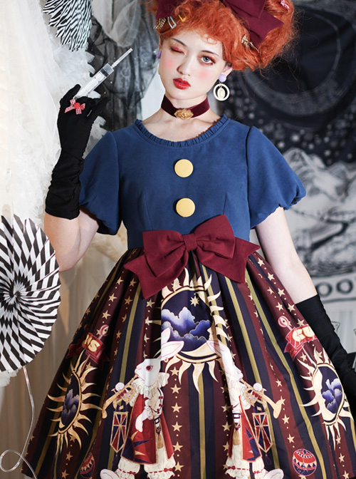 Lolitain Strange Rabbit Series Cute Maid Style Rabbit Embroidered Apron Striped Hem Gothic Lolita Short Sleeve Dress