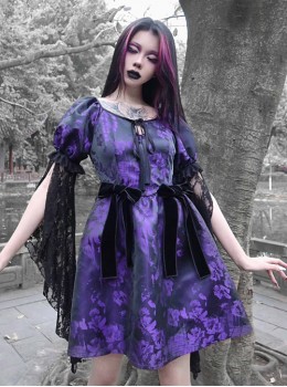 Tassel Binding Band Bowknot Purple Jacquard Gothic Puff Sleeve Dress