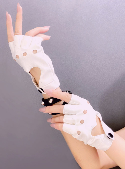 1pair Women Hollow Out Studded Decor Punk Fingerless Gloves, For Party