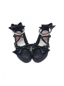 Pearl Strand Black Matte Bowknot Lolita High Heel Shoes