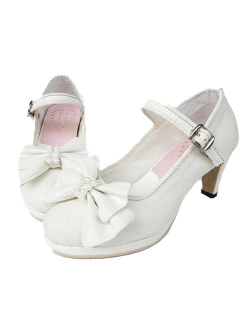 White Pearl Bowknot White Lolita High Heel Shoes