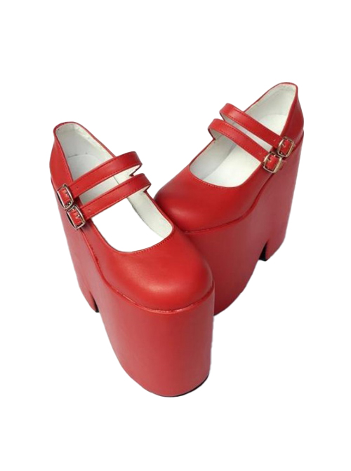 Two Buckles Pure Red Lolita Super High Heel Shoes
