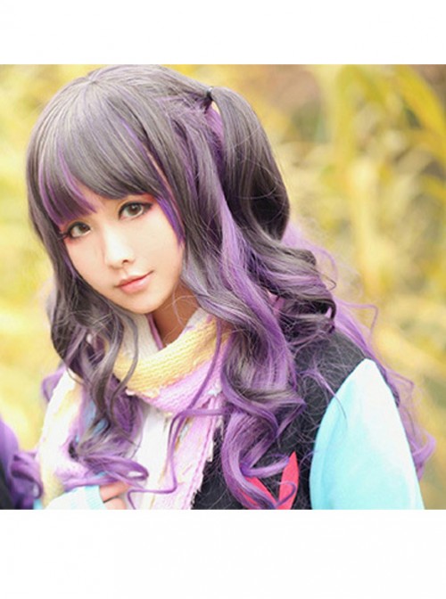 Couple Harajuku wind black gray gradient purple lolita temperament long curly wig