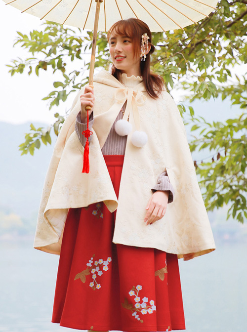 Chinese Style Woolen Plum Blossom Embroidery Pleated Long Skirt