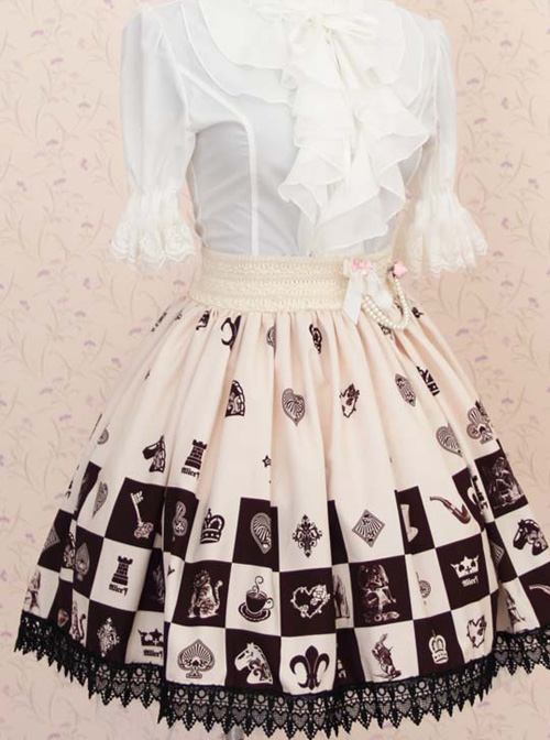 Alice Chess Grid Cute Printing Black Lace Sweet Lolita Skirt