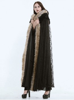 Steam Punk Gothic Dark Mystical Sacrifice Fur Collar Black Lace Women's Long Cloak