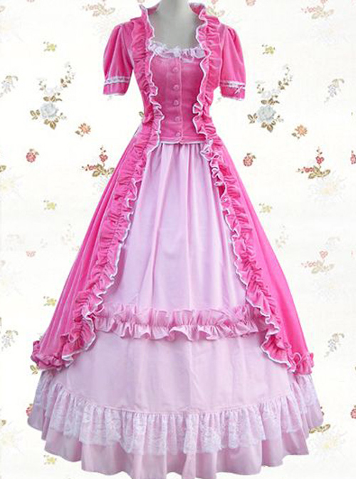 Pink Pleuche Victorian Gothic Lolita Short Sleeve Dress