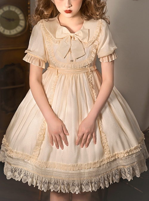 Cute Round Neck Tie Plaid Splicing Hem Design Fresh Autumn Classic Lolita  Long-Sleeved Dress
