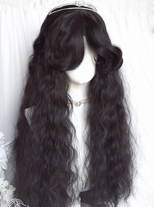 Vintage Black Middle Parted Bangs Wool Roll Elegant Long Curly Hair ...