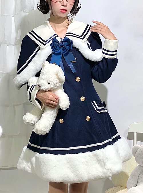 Navy Style Large Lapel Double Breasted Winter Sailor Suit Plush