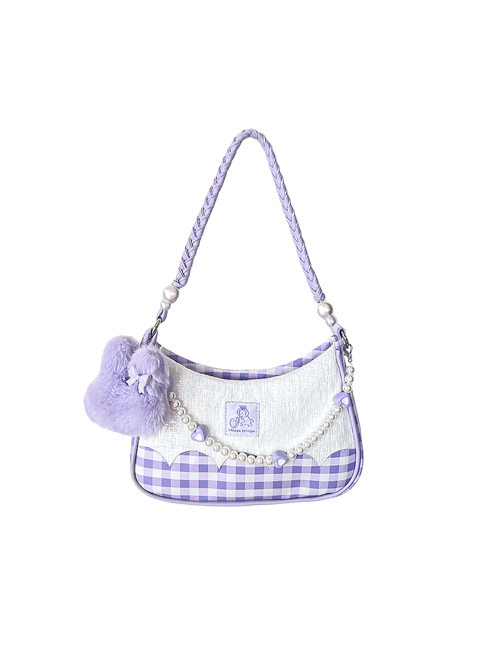 Cute Purple Plush Bunny Pearl Chain Heart Accessory Detachable Shoulder  Strap Purple Plaid Sweet Lolita Shoulder Messenger Bag