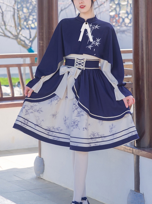 Chinese Style Stand-Up Collar Stitching One-Piece Cloak Bamboo Embroidery  Printing School Lolita Long-Sleeved Dress