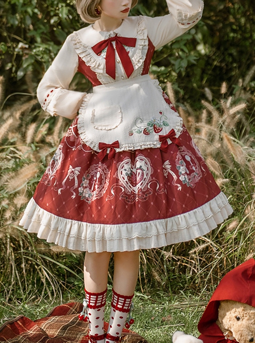 Little Red Riding Hood Strawberry Diary Fairy Tale Sweet Cute White Apron  Bowknot Ruffle Sweet Lolita Long Sleeves Dress