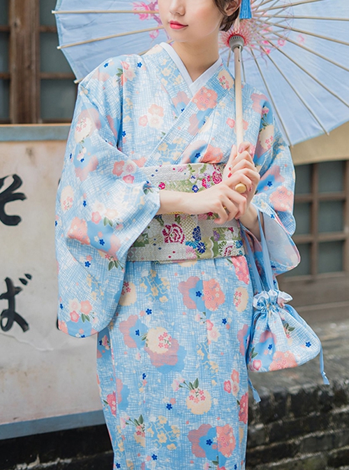 Japanese Style Cute Maiden Light Blue Classic Traditional Flower ...