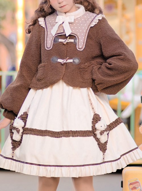 Lolitashow Lolita Coats Coffee Brown Pom Poms Color Block Overcoat Polyester Fall Lolita Outwears