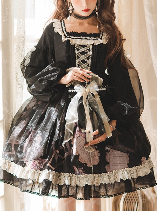 GOTHIC LONG LOLITA DRESS WITH LACE - MERMAID BLACK MODEST