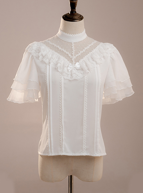 White Layered Pleated Lace Jacquard V Neckline Design Elegantly Ruffled ...