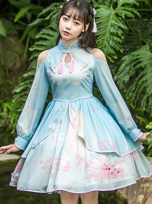 Retro Chinese Style Blue Chiffon Lolita Long Sleeve Dress