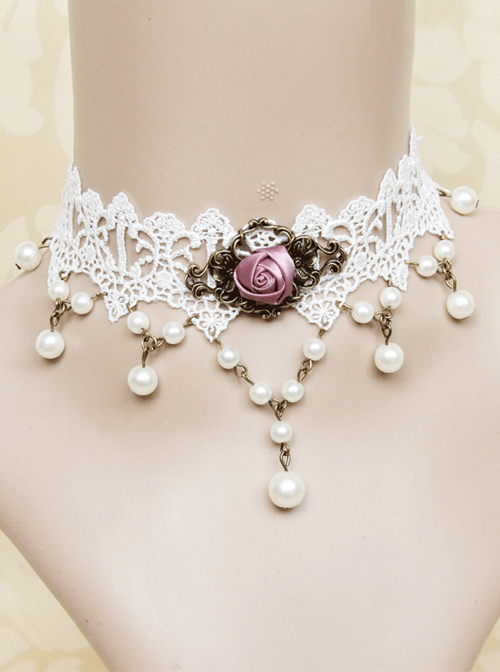 Roses on White Lace Choker Necklace