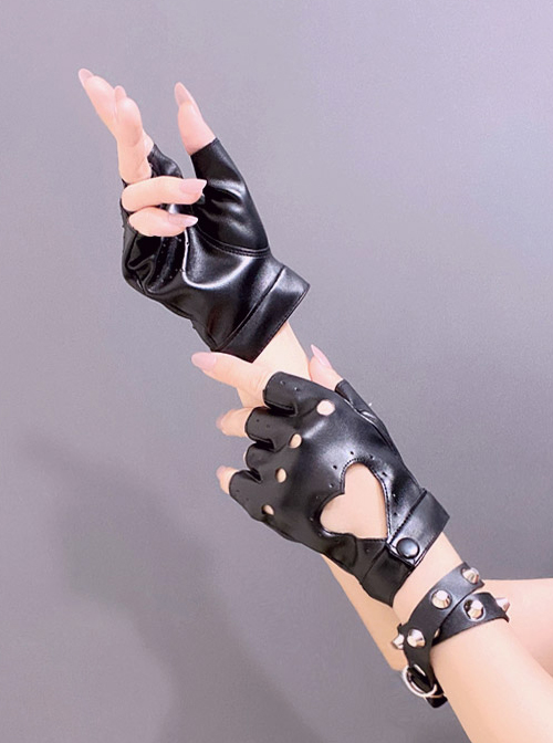 1pair Women Studded Decor Hollow Out Punk Fingerless Gloves, For