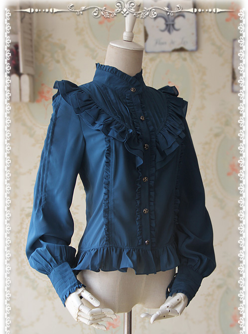 Moon's Elegy Standing Collar Accordion Pleats Deep Peacock Blue Chiffon ...