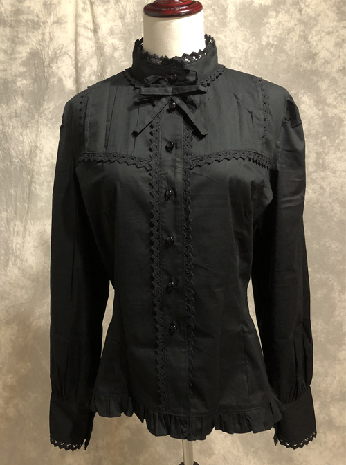 Black Cotton Lace Stand-up Collar Long Sleeves Classic Lolita Shirt