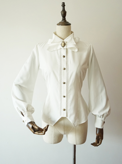 White Stand Collar Long Sleeve Blouse