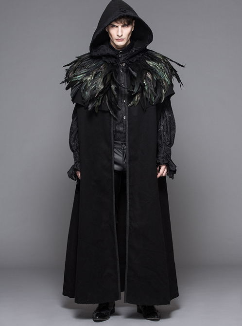 Detachable Feathered Shawl Hooded Thickened Men's Long Coat