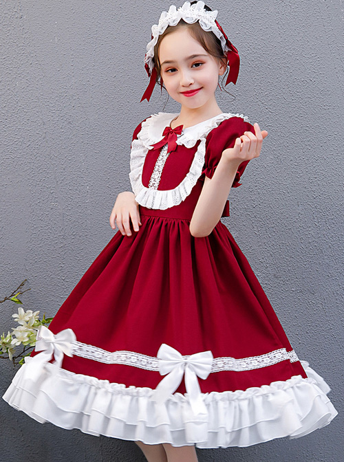 White Lace Doll Collar Wine Red Pure Color Children Lolita Short Sleeve ...